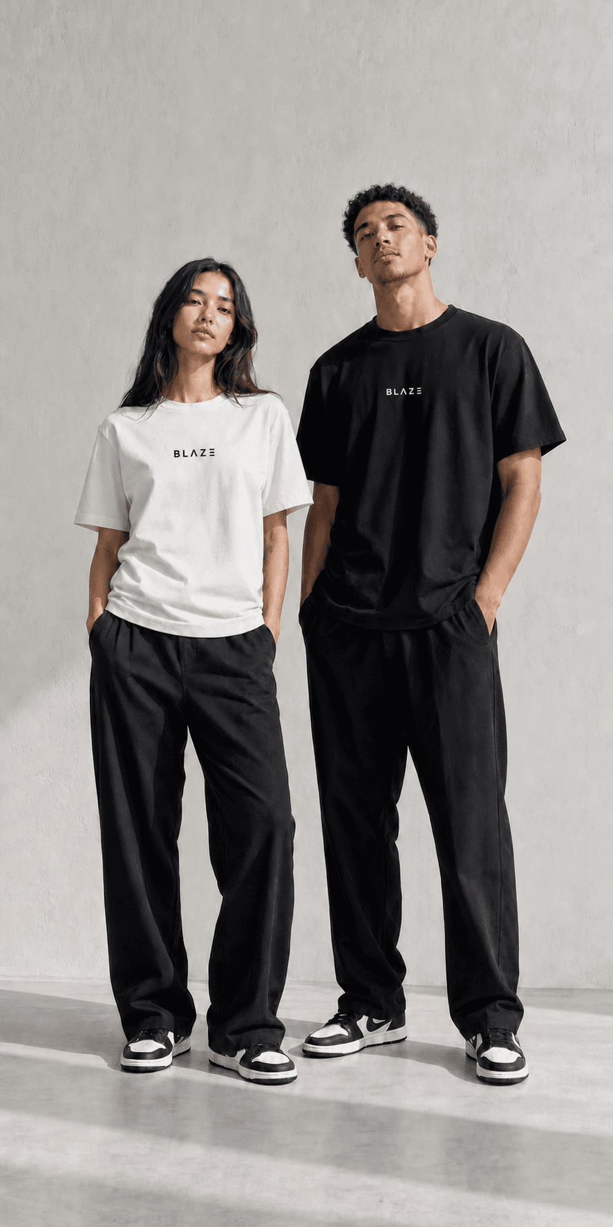 Models wearing white and black BLAZE signature T-shirts
