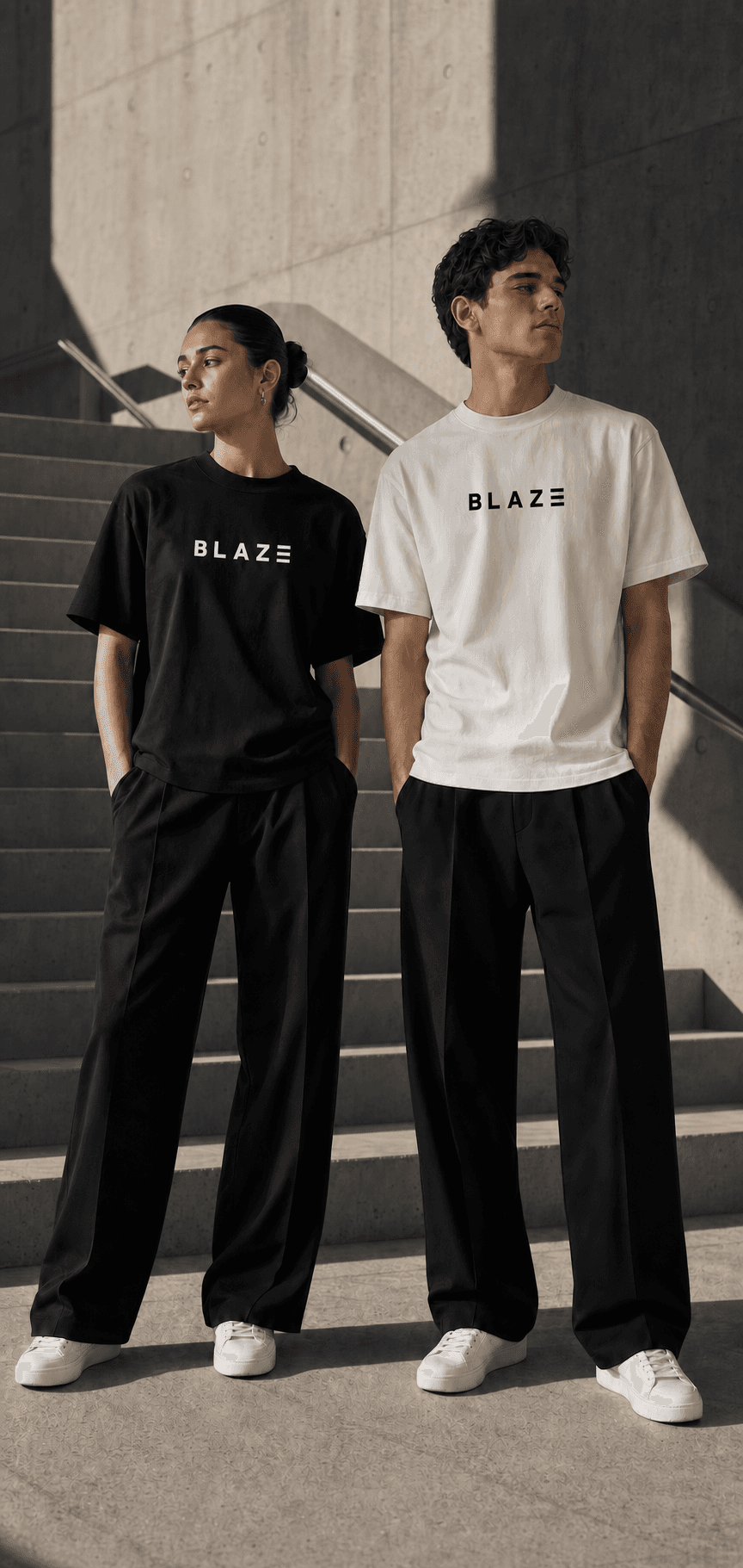 BLAZE Originals campaign on brutalist concrete stairs